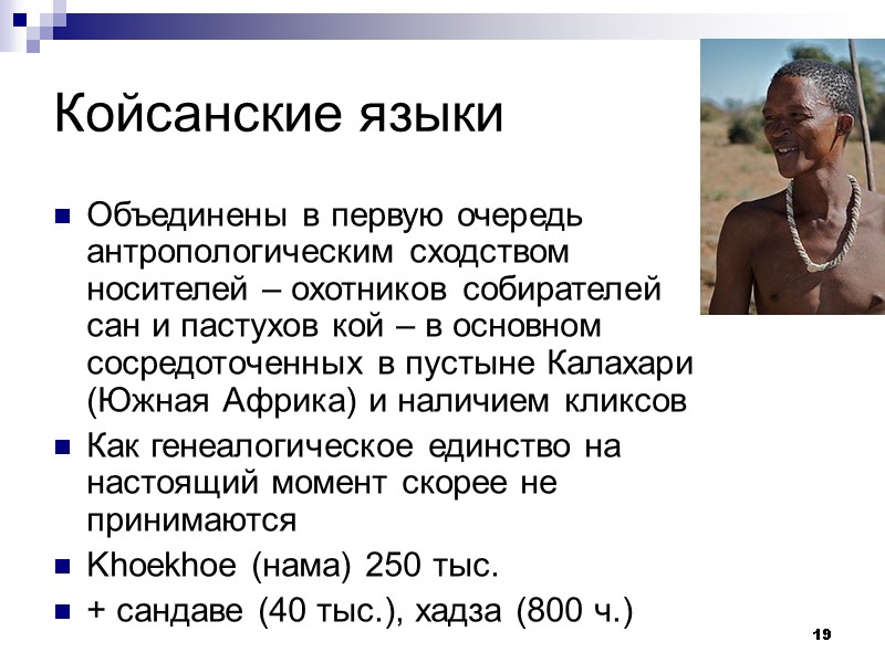 19 Койсанские языки Объединены в первую очередь антропологическим сходством носителей – охотников собирателей сан